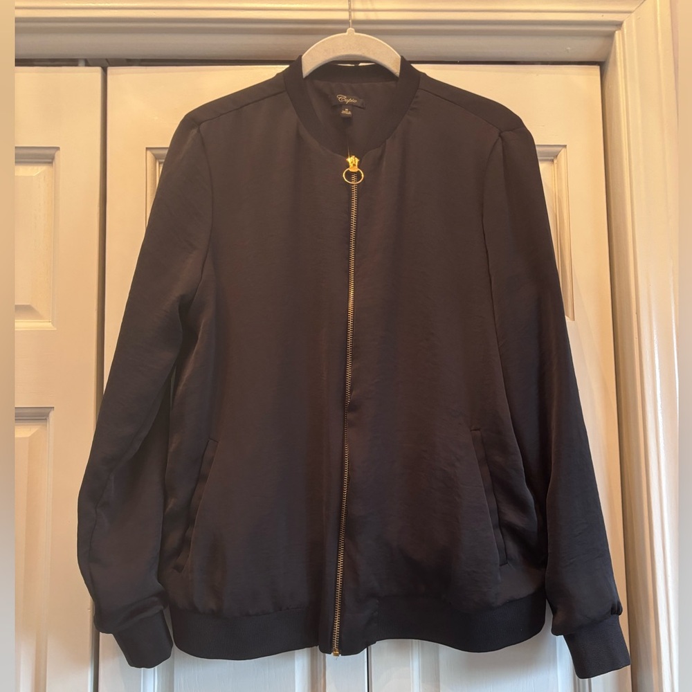Cupio, black satiny bomber jacket with gold zipper & pockets, M